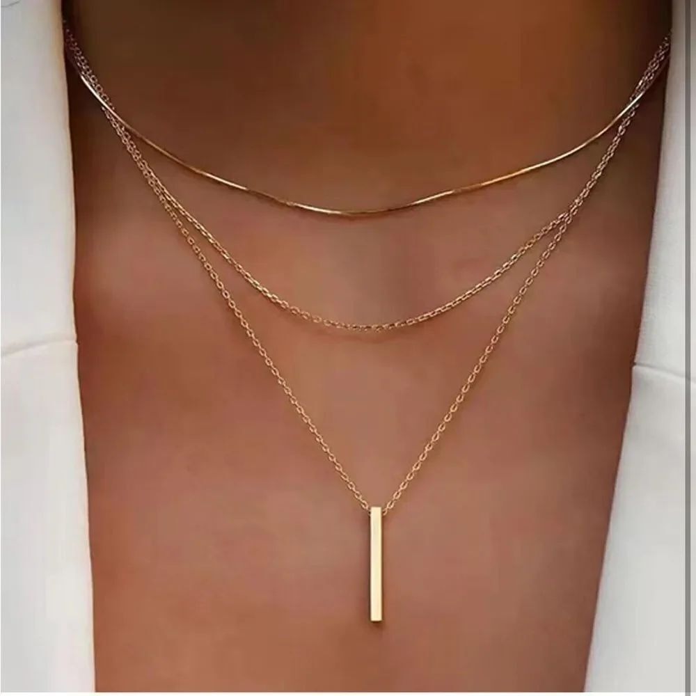 14K Gold Plated Layering Bar Pendant Necklace